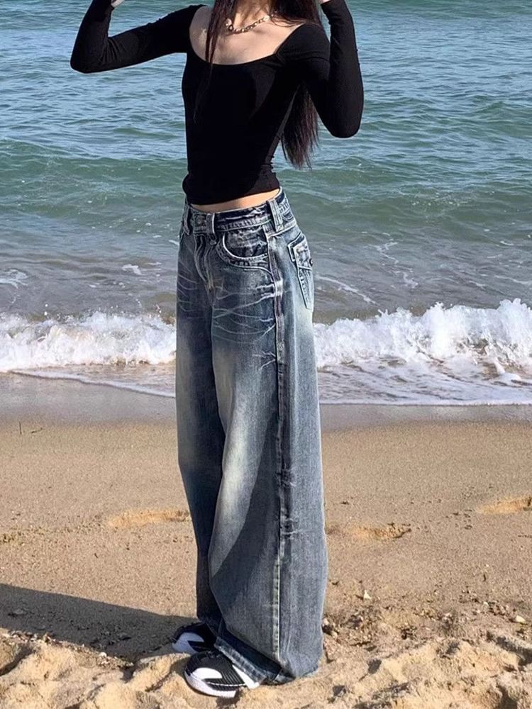 Jerolenea - Mid Waist Washed Wide Leg Jeans