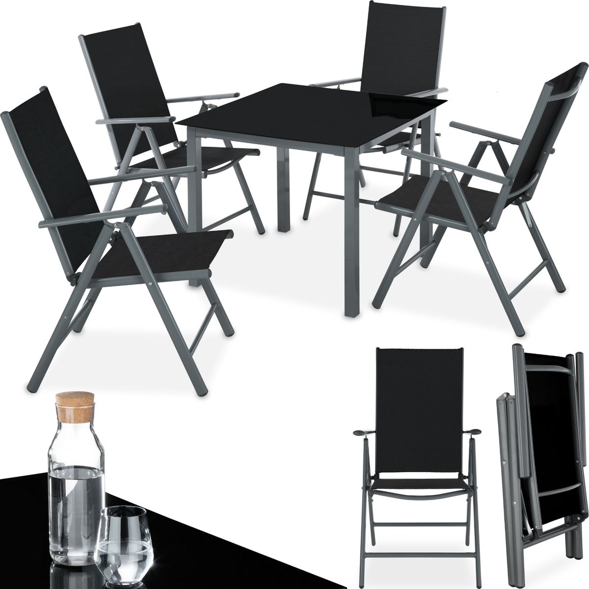tectake Stabia zitgroep met aluminium frame, voor 4 personen, tafel met veiligheidsglasplaat en stelschroeven