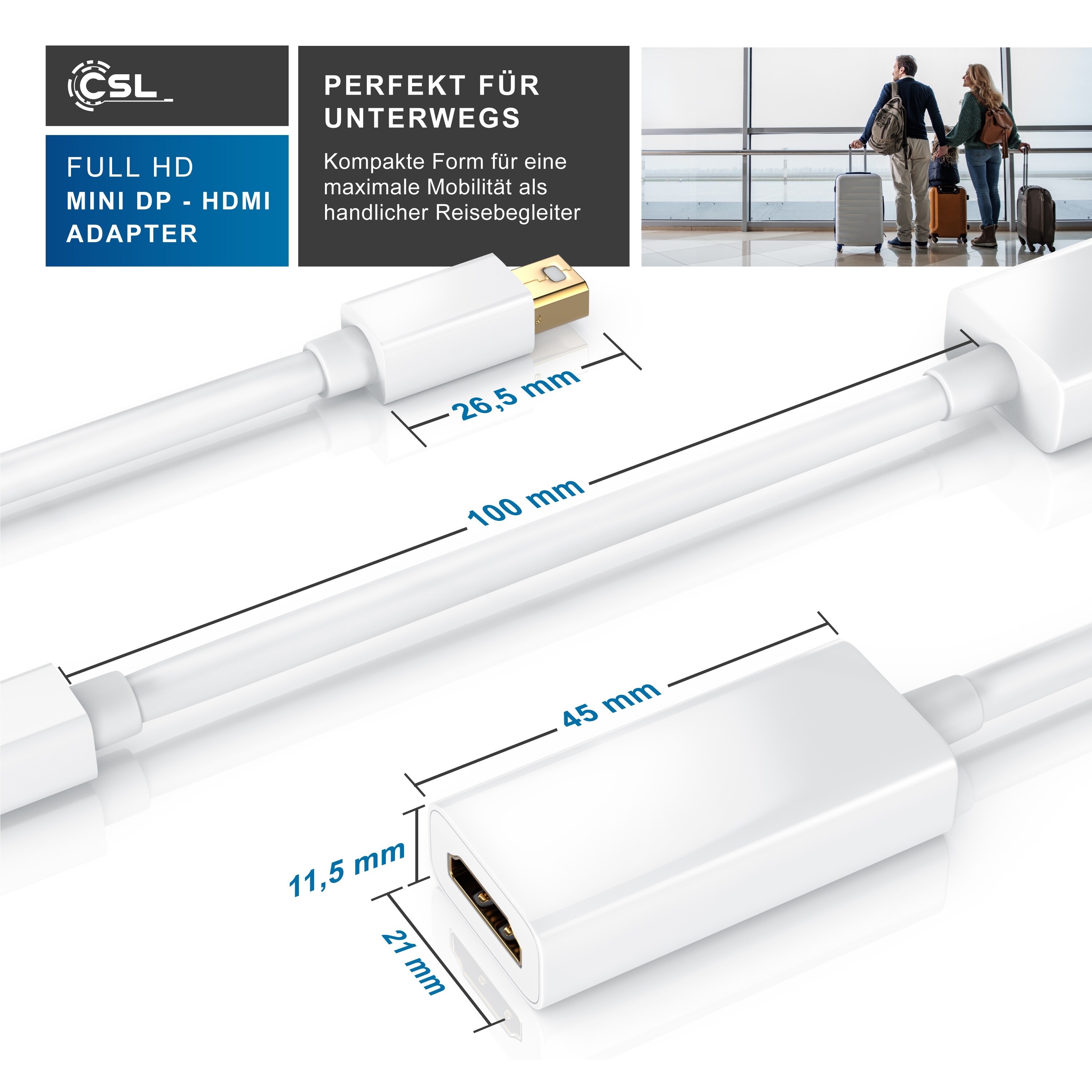 CSL Mini DisplayPort zu HDMI Adapter, Full HD MiniDP zu HDMI Buchse Konverter / Adapterkabel - 0,15m