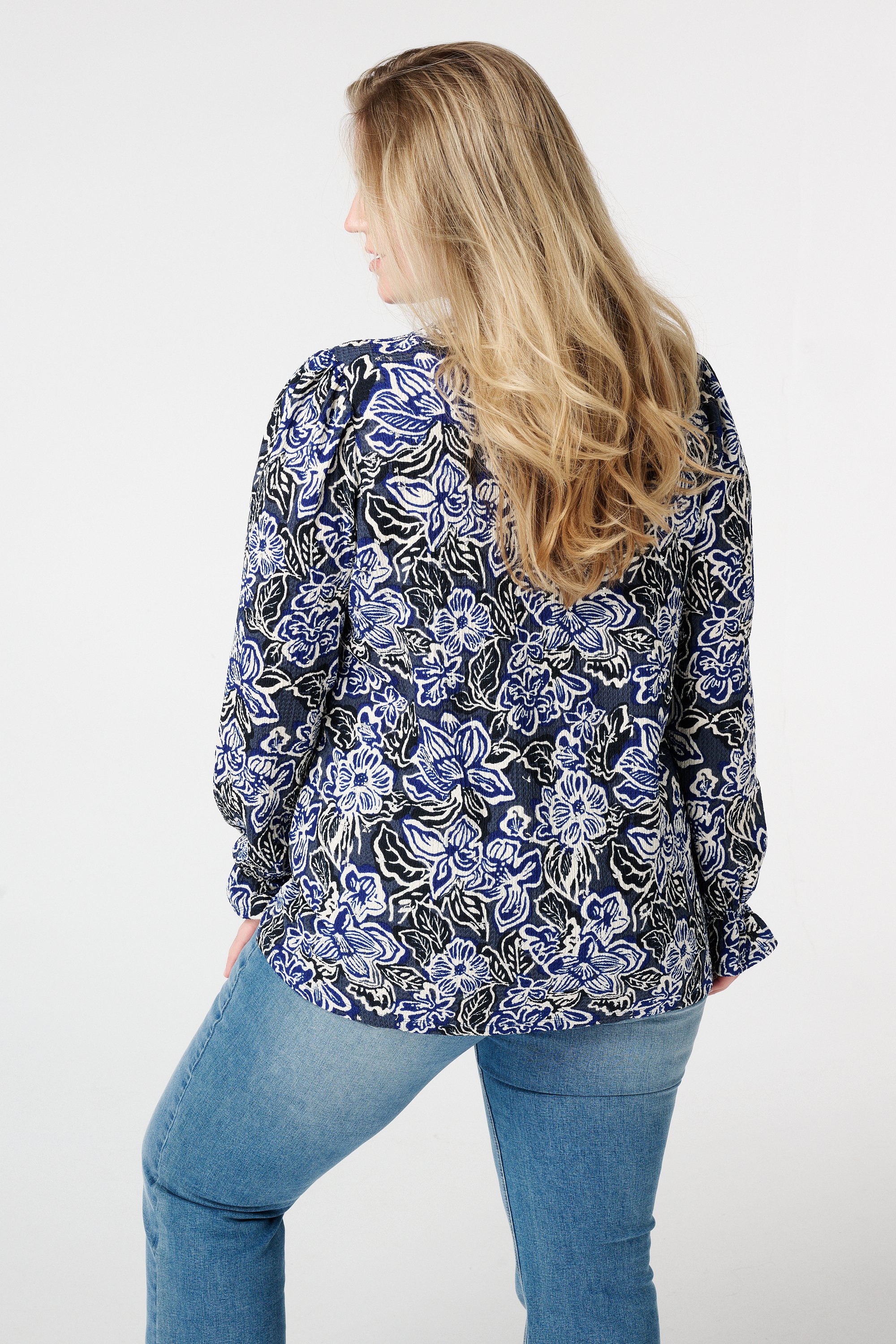 Top met print en stuctuur Multi Kobalt blauw
