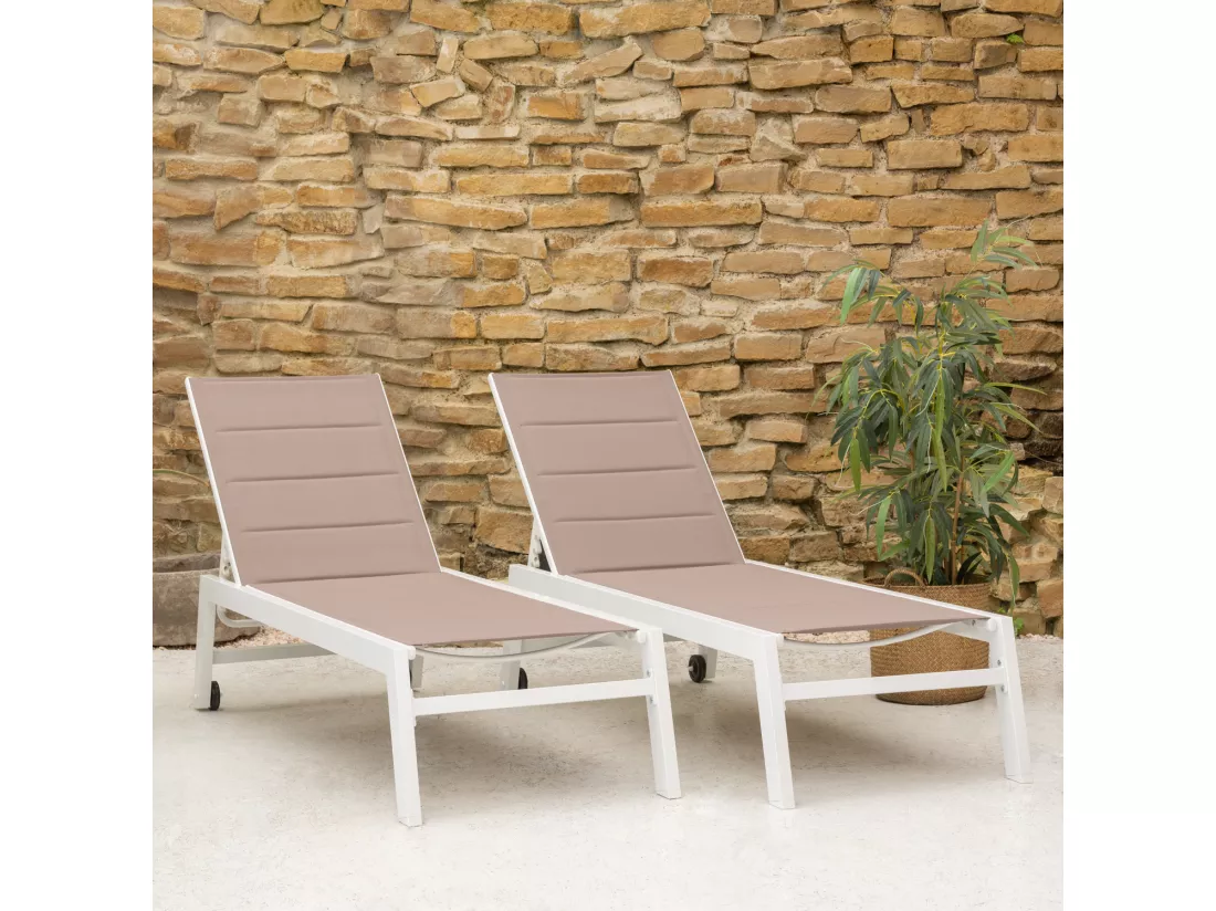 Lot de 2 bains de soleil BARBADOS en textilène taupe - aluminium blanc - HAPPY GARDEN