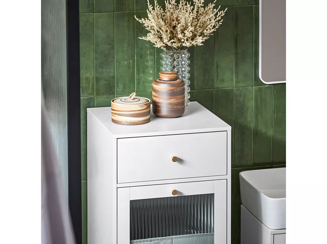 SoBuy BZR116-W Armoire à Linge Meuble Bas de Salle de Bain sur Pieds Meuble Salle de Bain avec 1 tiroir, 1 Porte en Verre et 1 Panier à Linge Amovible