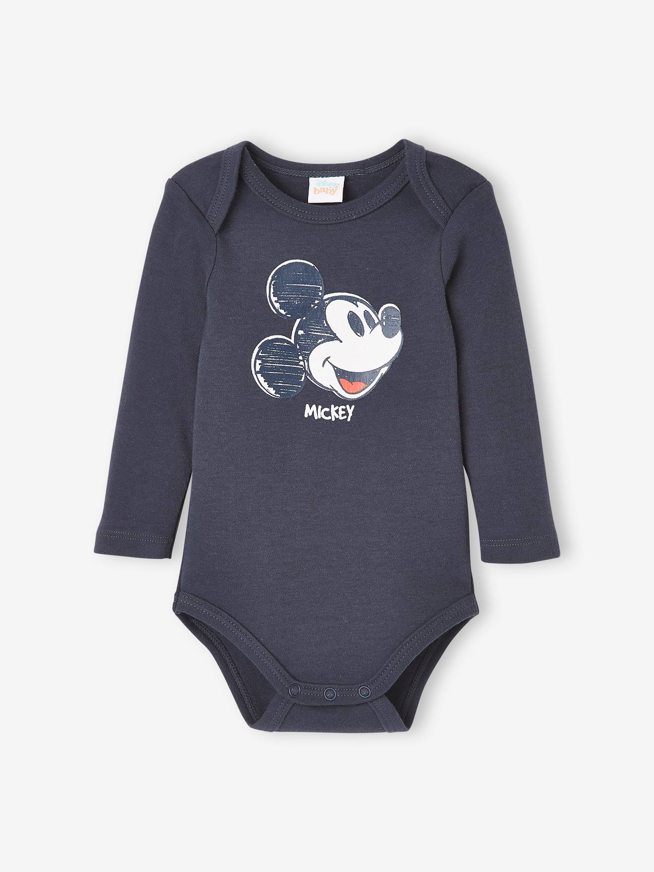 Pacote com 2 bodies DS® Mickey para bebês, lisos na cor cinza escuro com estampas.
