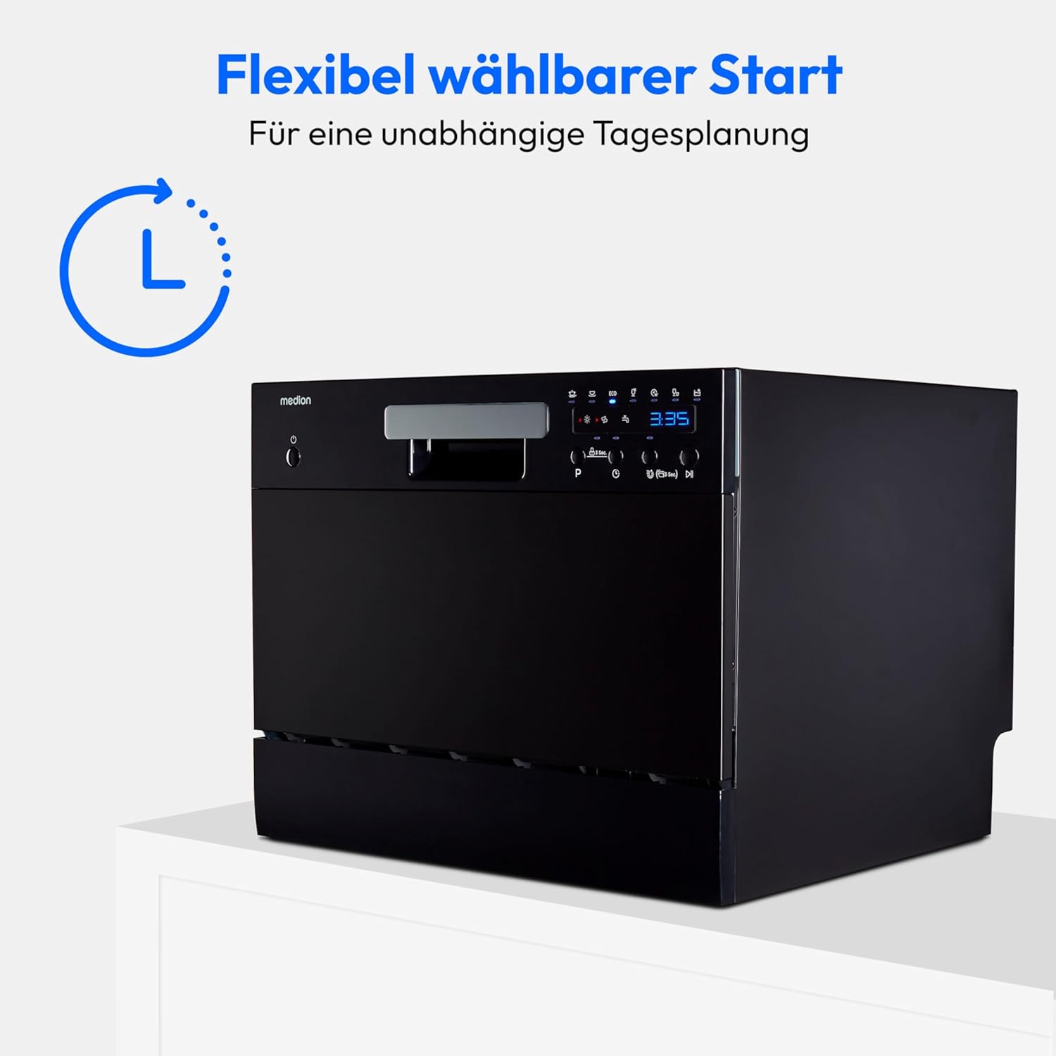MEDION Tischgeschirrspüler DWT60 (6 Gedecke Fassungsvermögen, 7 Programme, ECO Programm, ca. 6,5 Liter Verbrauch, AquaStop, LED Display, Kindersicherung, MD37496) schwarz
