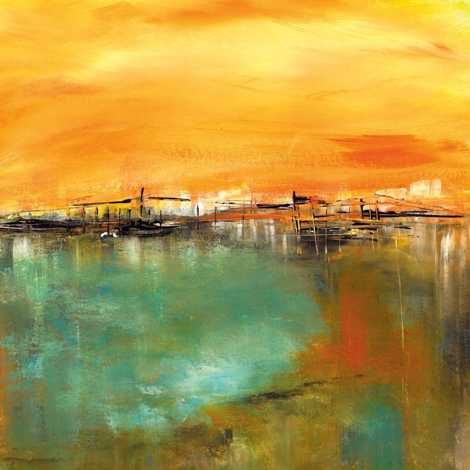 Leinwandbild AM WASSER - orange-grün - 50x50 cm