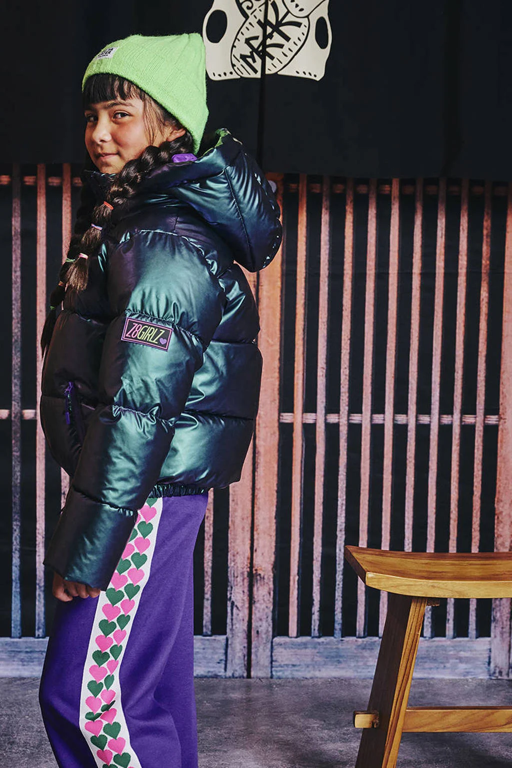 Z8 kids gewatteerde winterjas Melita metallic look groen/paars