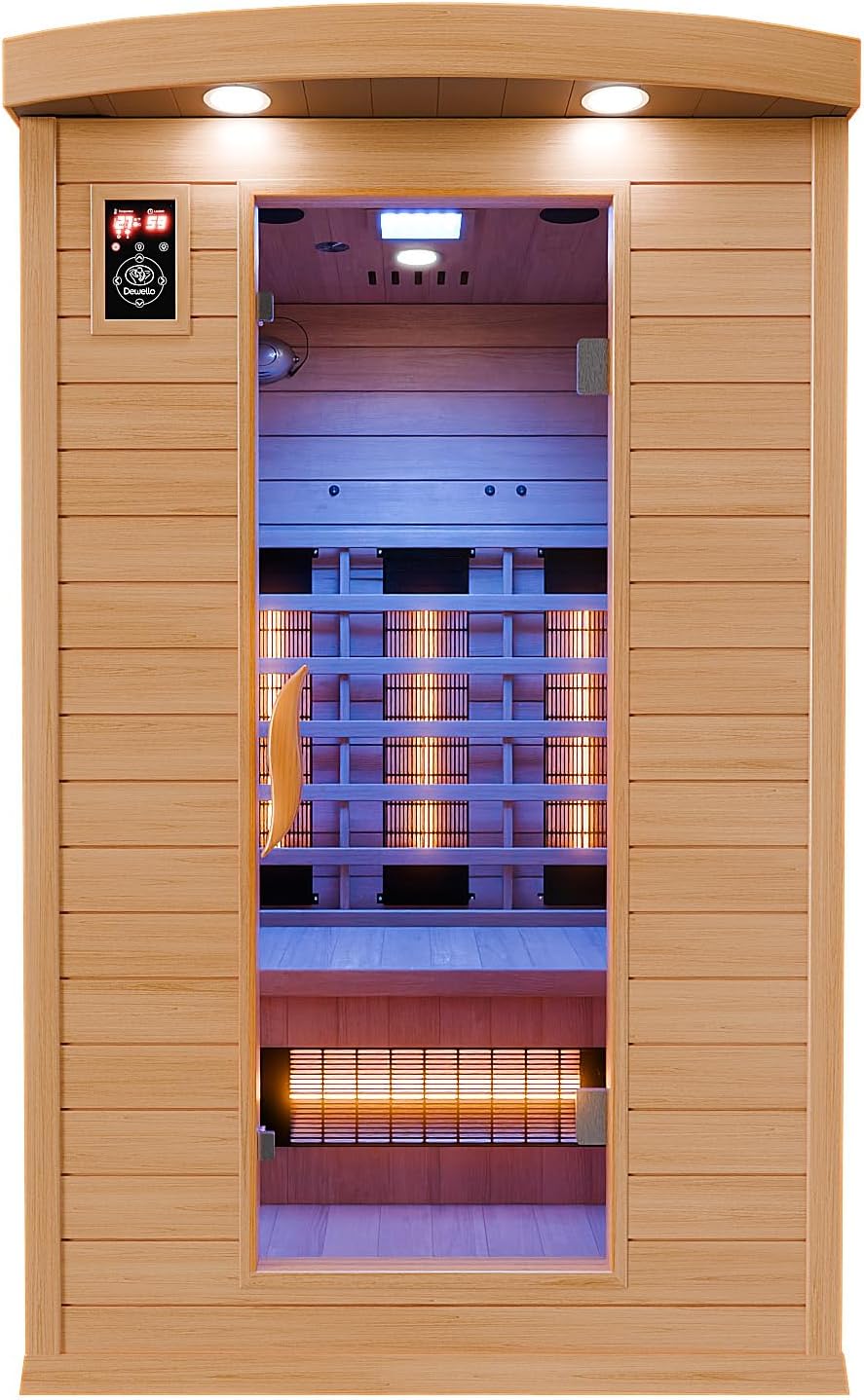Dewello® Infrarotkabine Infrarotsauna Hyder 115x105 für 1-2 Personen aus Hemlock Holz mit Vollspektrumstrahler, LED-Farblicht, Bluetooth, FM,MP3,USB