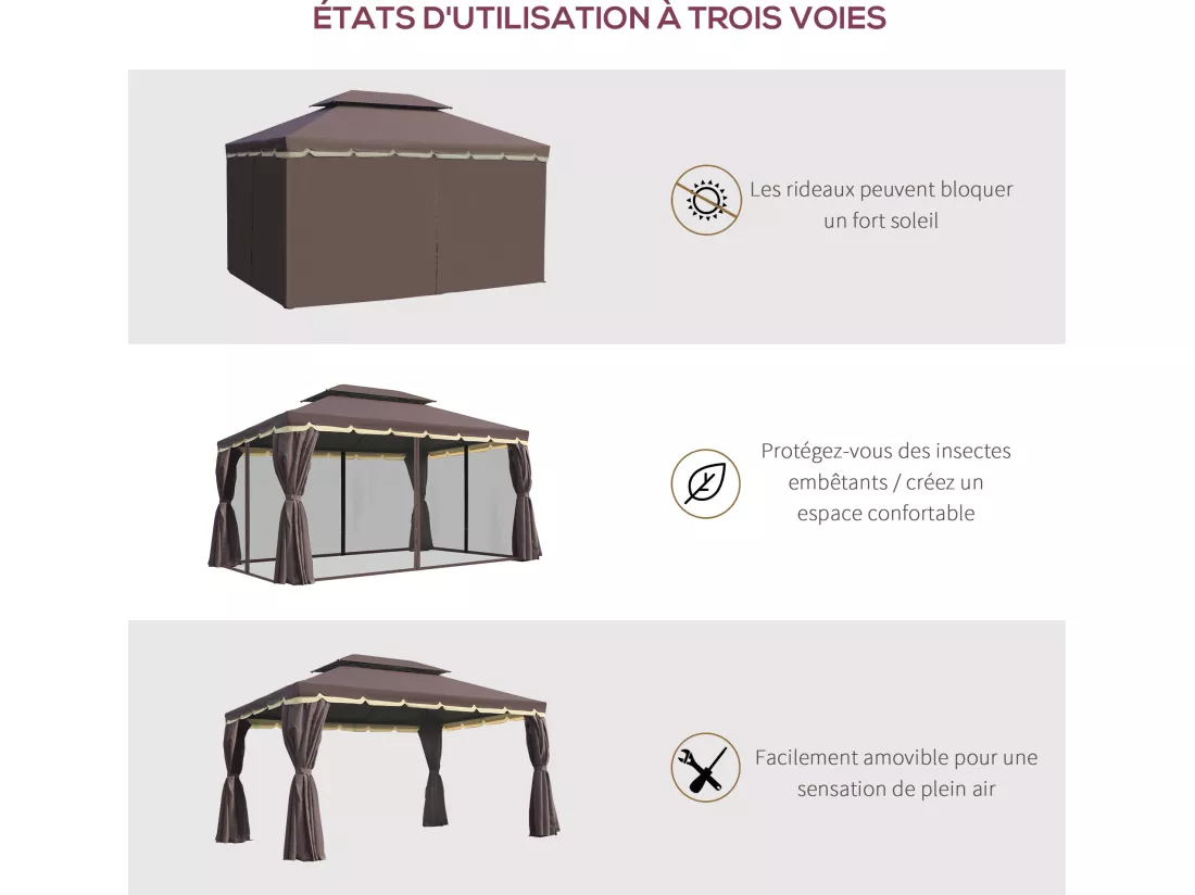 Tonnelle barnum pavillon de jardin style colonial double toit toile moustiquaires et toiles amovibles 3,9L x 2,9l x 2,8H m chocolat
