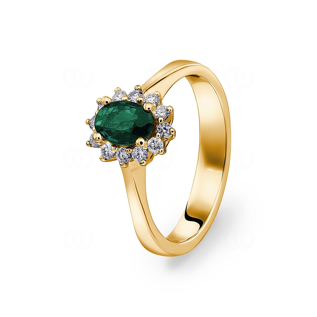 Damenring 750/18 K Gelbgold mit Diamanten 0.17 ct H/si & Smaragd 0.38 ct