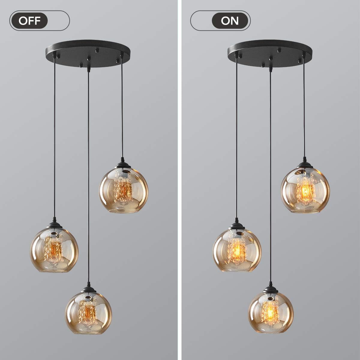 H.W.S Glas Pendelleuchte Kristall Pendellampe Modern Kugel Kronleuchter Design Kreative Hängeleuchte Höhenverstellbar Innen Dekoration Hängelampe Wohnzimmer Leuchte (Amber, 3 flamming round)
