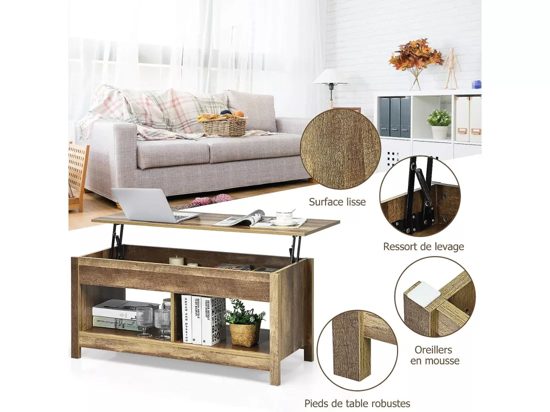 Table basse avec plateau relevable et espace de rangement caché, ideal pour salon 109 x 47,5 x 50 cm