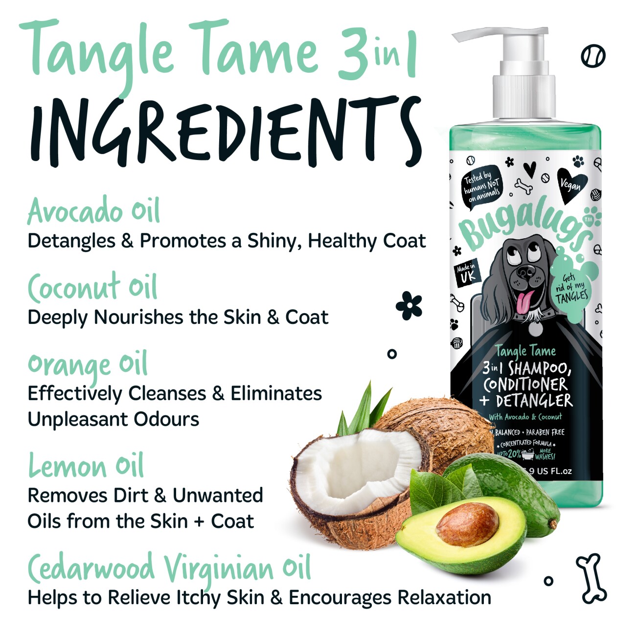 Bugalugs Tangle Tame 3-in-1 – Shampoo, Conditioner & Entfilzer mit Avocado & Kokosnuss