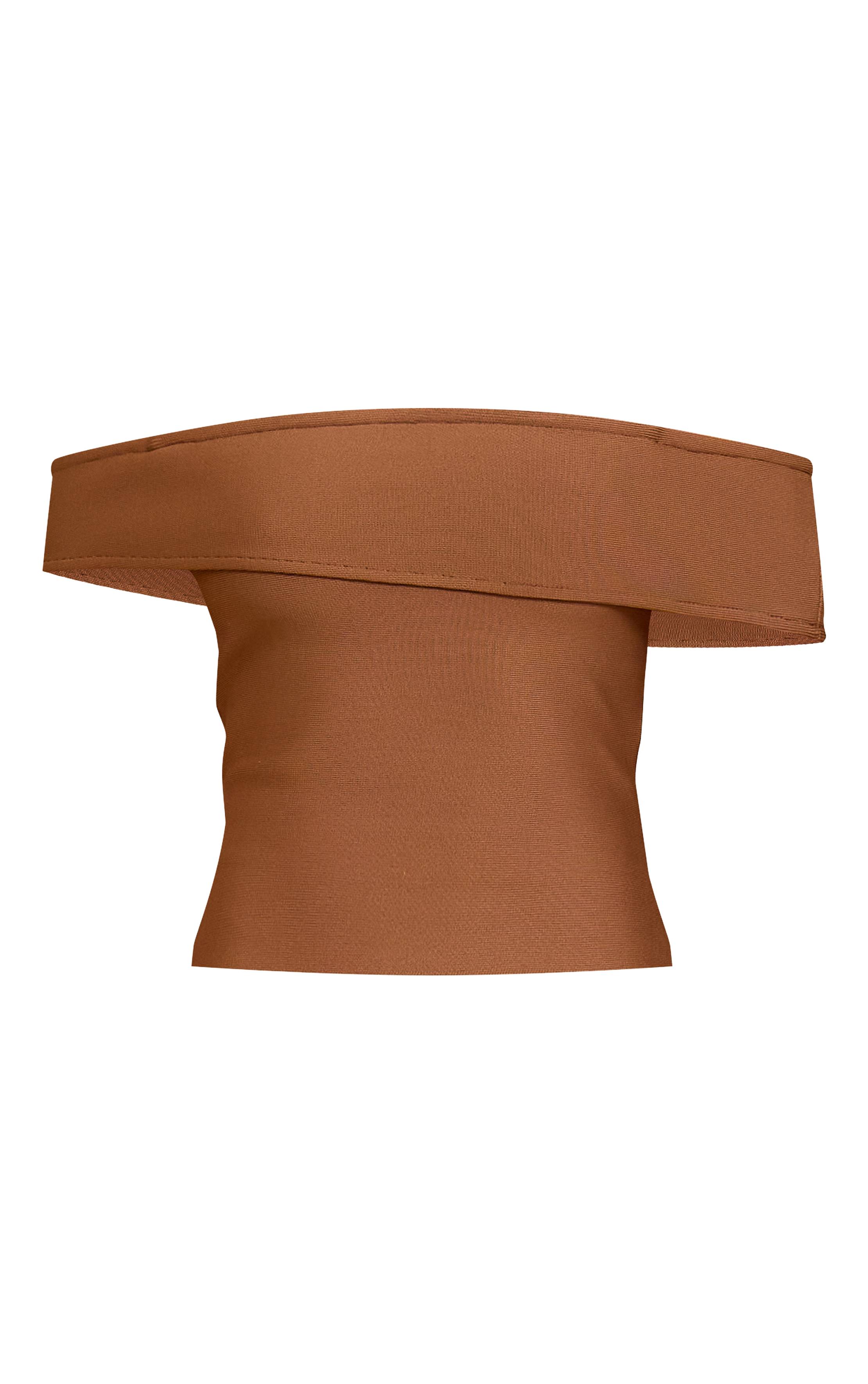 Deep Chocolate Haut Asymétrique En Maille Bandage Ajustée À Col Rabattu