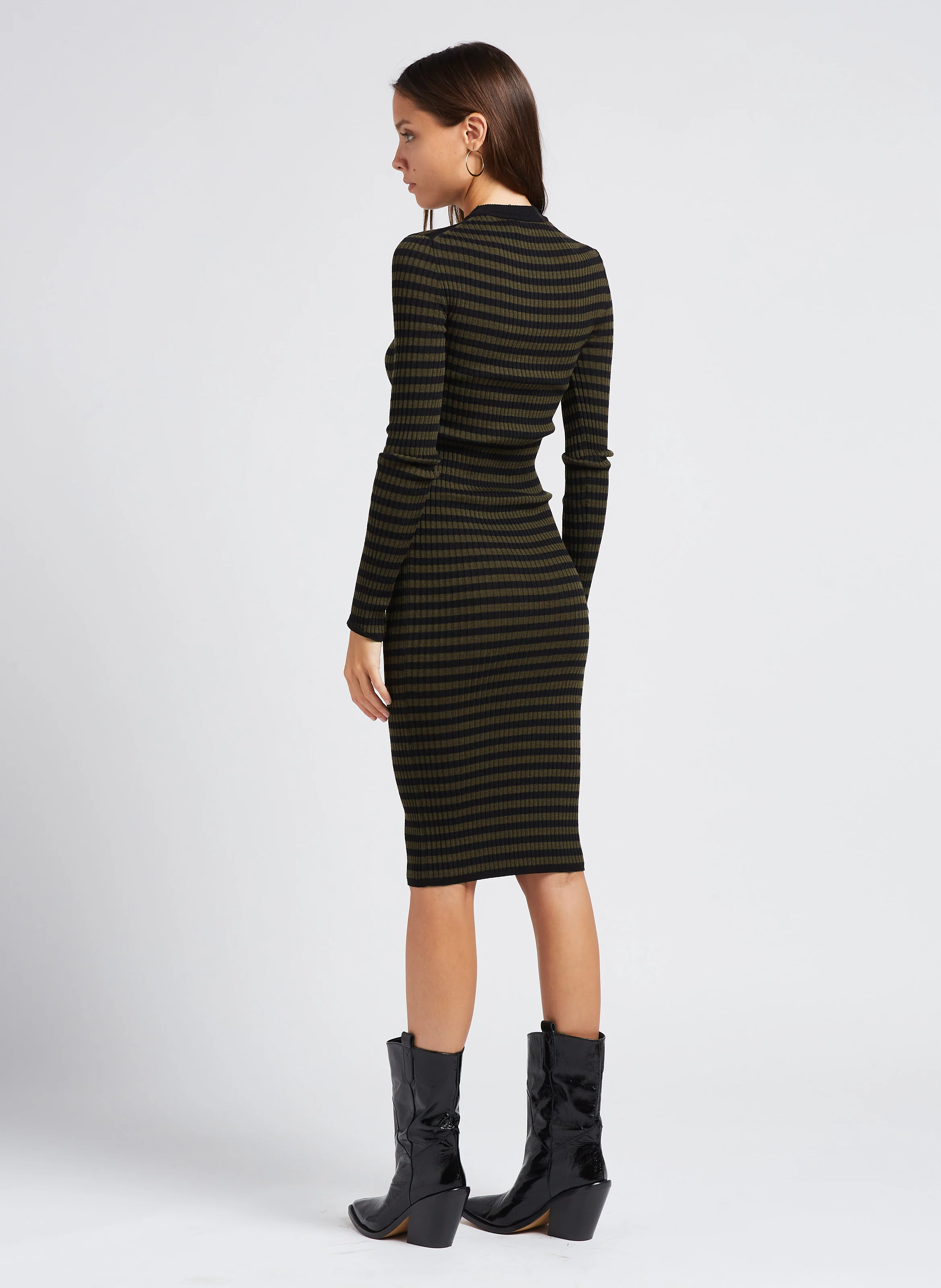 Robe mi-longue col rond en laine | Rayé