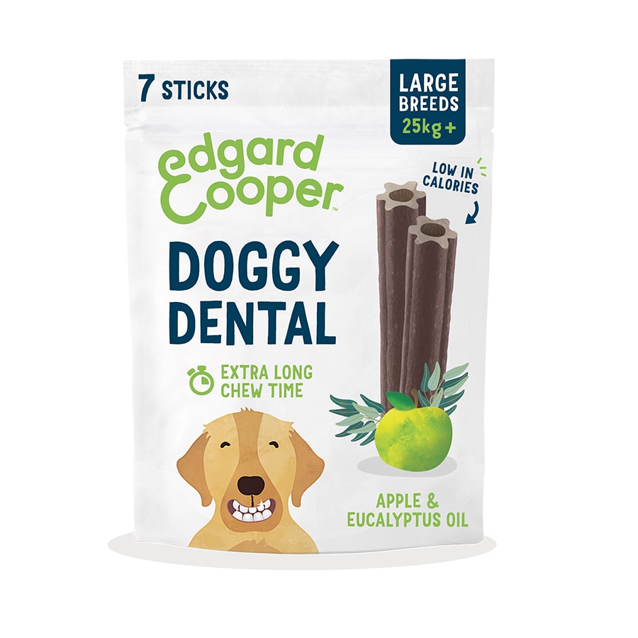 Palitos dentais Edgard & Cooper de maçã e eucalipto para cães de grande porte.