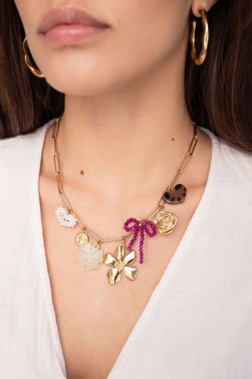 Bedel ketting met schakel en multikleur bloemen bedels
