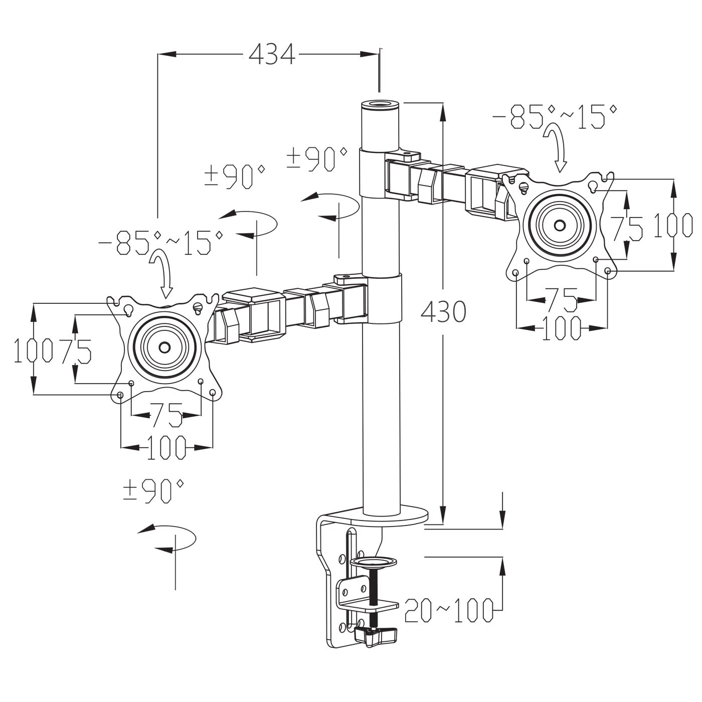 Monitorhalter MCW-D38, VESA bis 75x75/100x100mm schwenkbar neigbar drehbar bis 9kg ~ zweiarmig