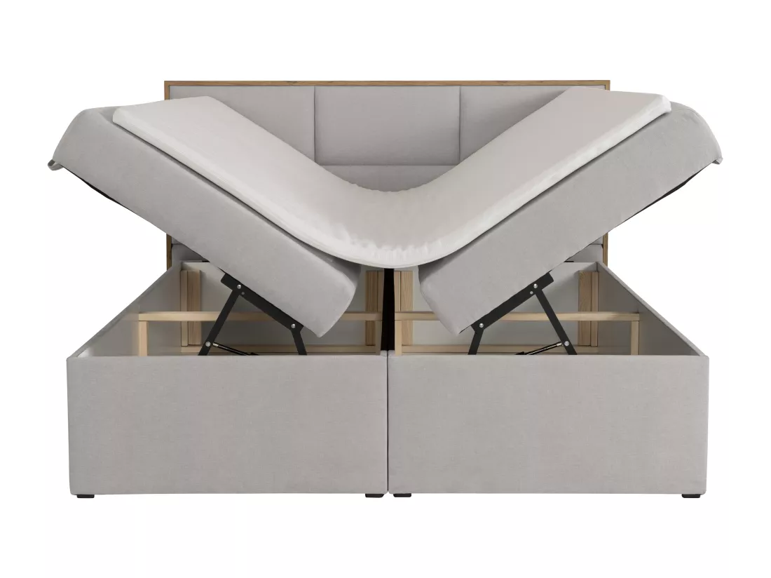 Ensemble complet literie déco tête de lit encadré bois + sommiers coffre + matelas + surmatelas - 180 x 200 cm - Tissu - Gris clair - SIAKI de YSMÉE