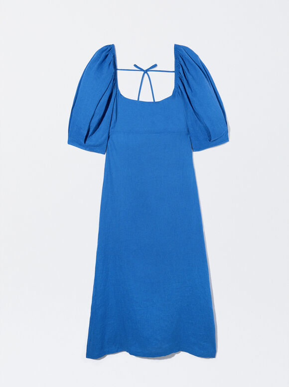 Vestido de linho com mangas bufantes - Azul