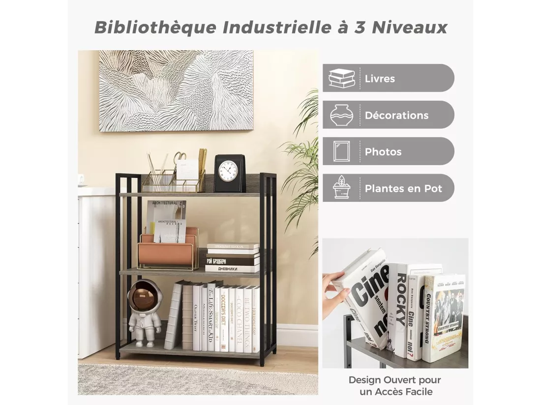 Bibliothèque industrielle à 3 niveaux, cadre en métal, 35 x 70 x 81 cm (gris)