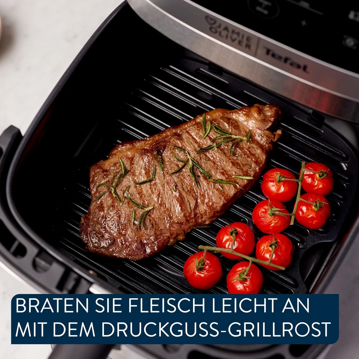 Jamie Oliver by Tefal Easy Fry Silence Deluxe Heißluftfritteuse, sehr leise, 10 voreingestellte Programme, digitaler Touchscreen, 5 l, inkl. Druckguss-Gitterrost + Deckel, Schwarz/Edelstahl, EY55JDE0