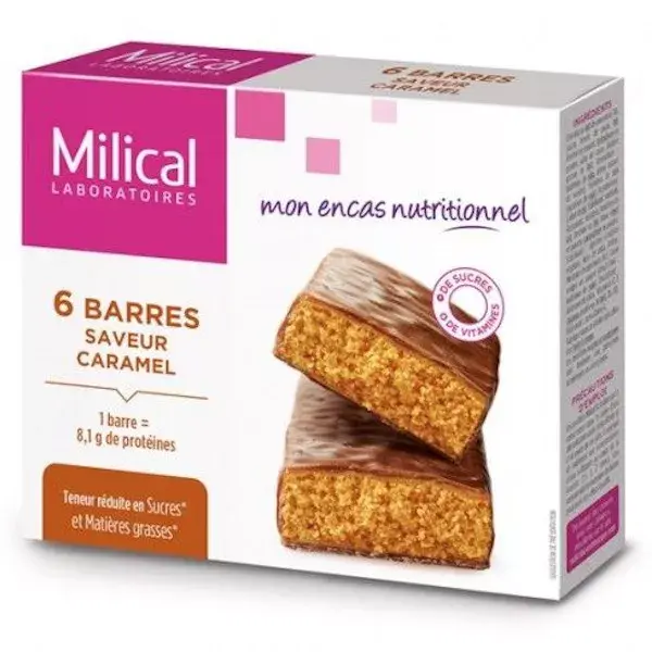 Barras de emagrecimento ricas em proteínas com sabor de caramelo da Millical - 6 unidades