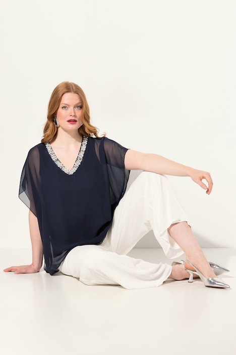 Chiffonbluse, doppellagig, V-Ausschnitt, Halbarm