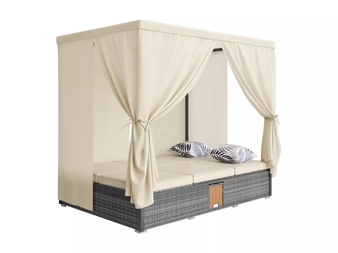 Chaise longue de jardin lit double - avec rideau d'ombrage - chaise longue en rotin - avec coussin et table pliante - gris