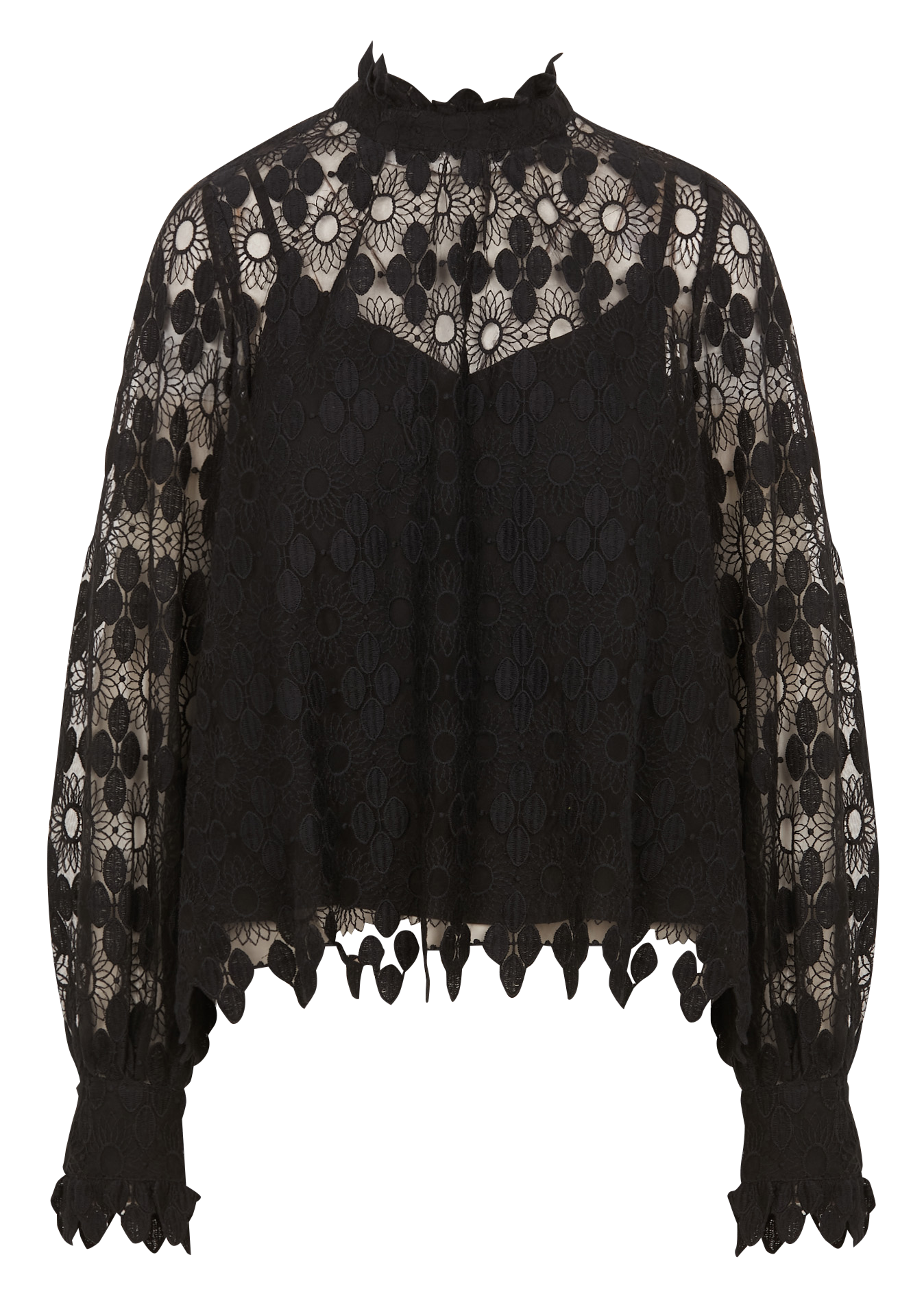 SANDRINE - Blouse col montant à broderie ajourée | Noir