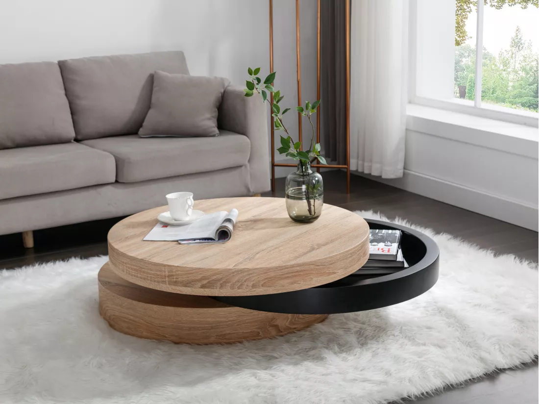 Table basse pivotante ronde avec 1 niche en MDF - Noir et naturel clair - JANITA