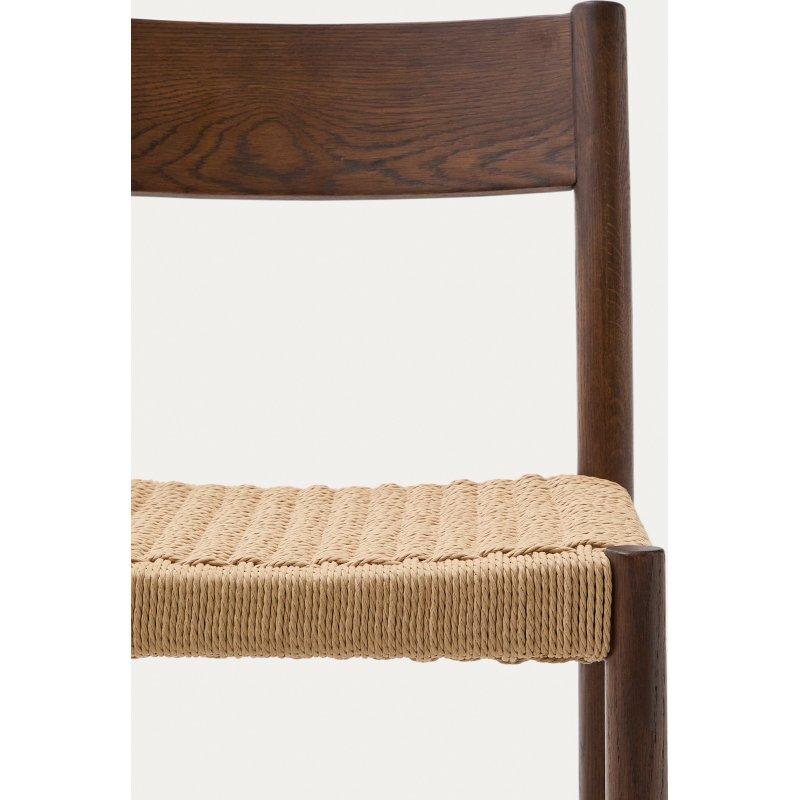 Tabouret Yalia dossier en bois de chêne finition noyer et assise en corde 65 cm