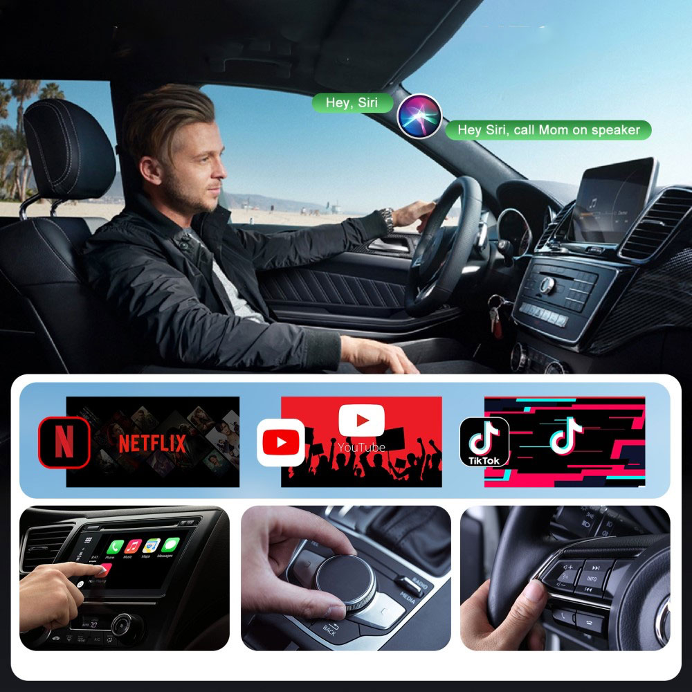 Apple Carplay Screen Mirroring / Videowiedergabe Auto KFZ USB A / USB C Adapter für Apple iOS mit Play & Pause Knopf (Kabelgebunden) - Weiss