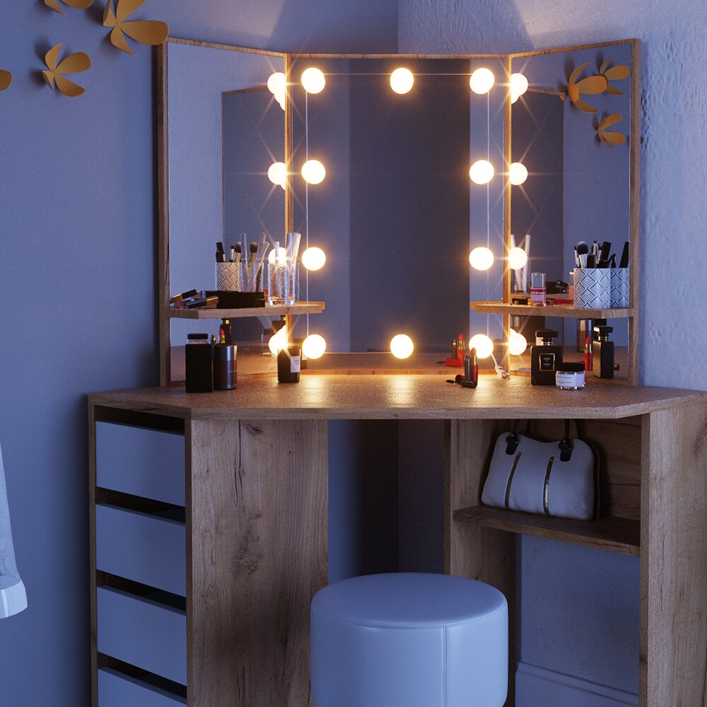 VICCO LED Eckschminktisch ARIELLE Kosmetik Schminktisch Spiegel Eiche Hocker