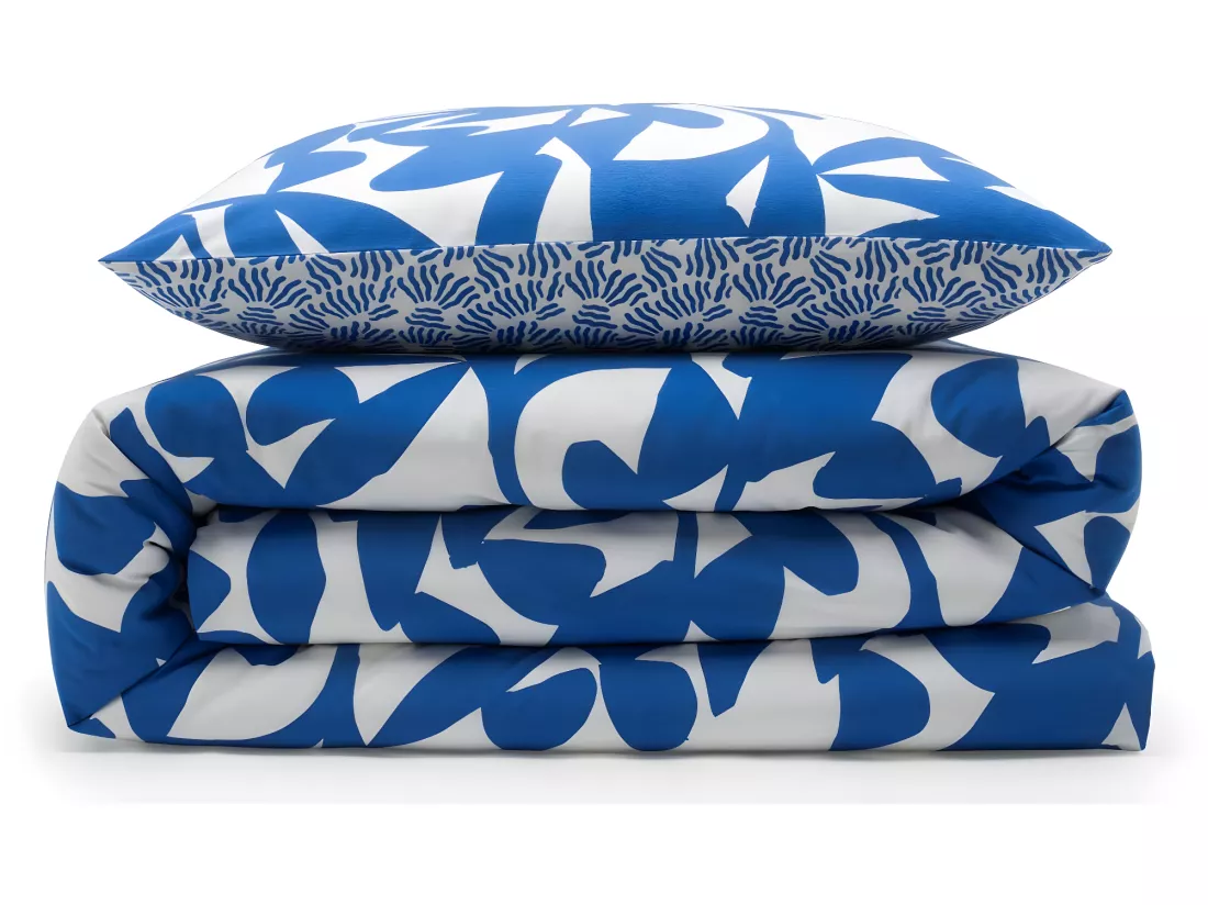 Parure de lit 2 personnes en coton 57 fils imprimé bleu 260x240cm