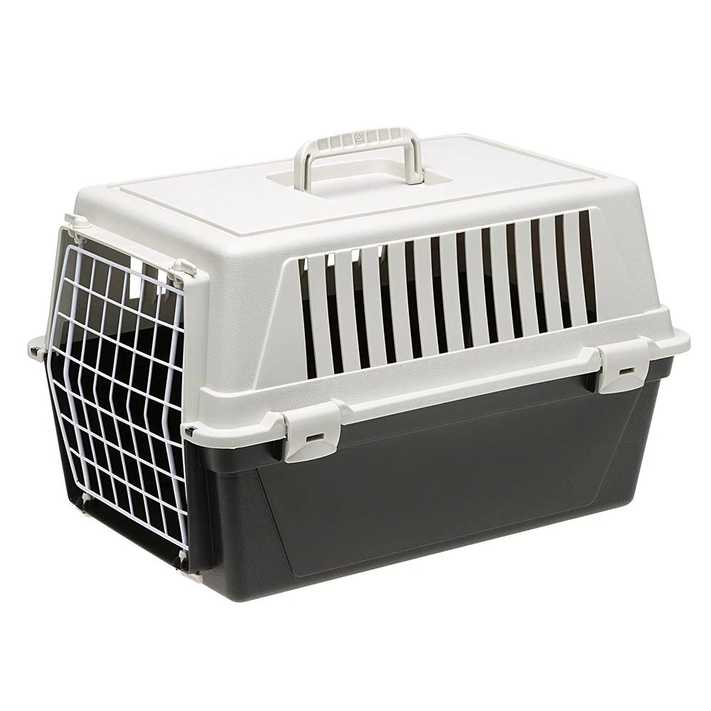 Caixa de transporte rígida Ferplast Atlas 20 EL para cães e gatos de pequeno porte, com porta de aço revestida de plástico e grades de ventilação, 37 x 58 x 32 cm, preta.