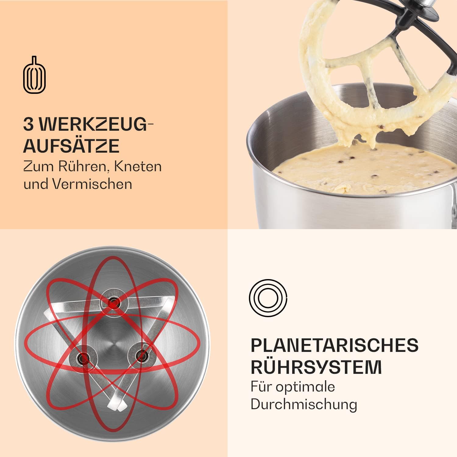 Klarstein Knetmaschine Küchenmaschine mit Fleischwolf, 1800W Teigmaschine Klein, 6 Stufen, Schneebesen Rühr- & Knethaken, Planetenrührwerk, Rührmaschine mit Mixer, Küchenmaschinen mit 5L Schüssel