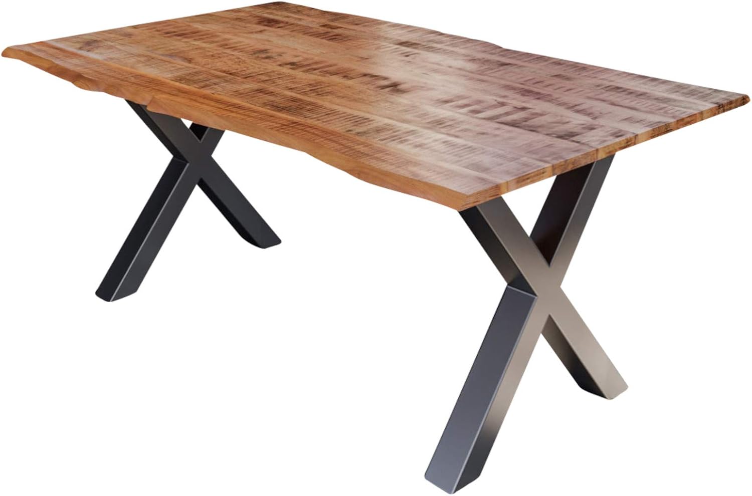 SAM Esstisch Dora 180 x 90 cm, Mangoholz massiv, lackiert & naturfarben, Baumkantentisch mit X-Metallgestell in Silber, echte Baumkante, 26 mm
