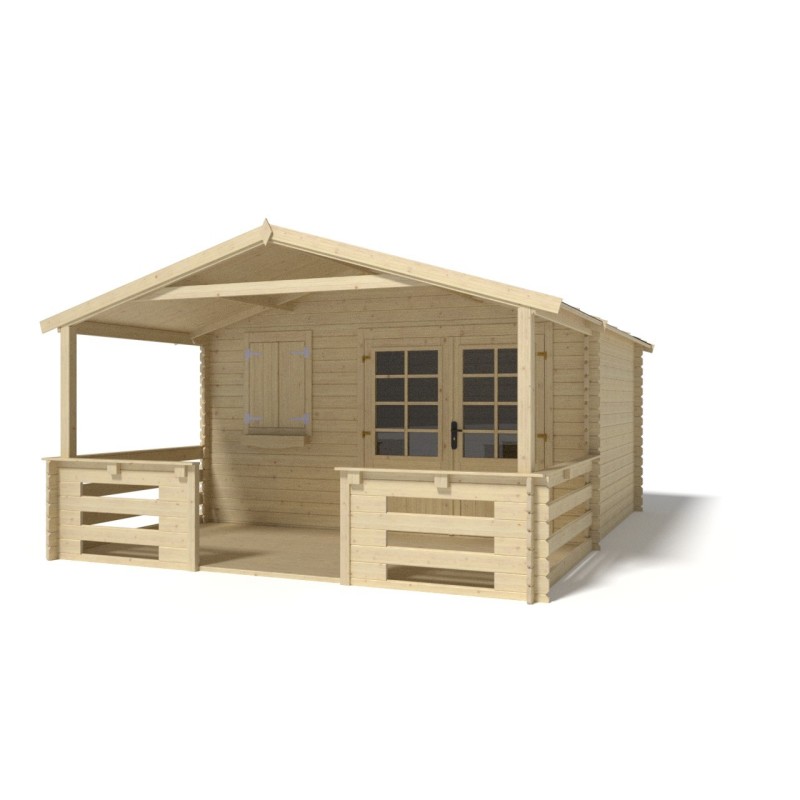 Abri de jardin en bois - 4x3 m - 24 m2 + terrasse avec balustrade et avant-toit en bois