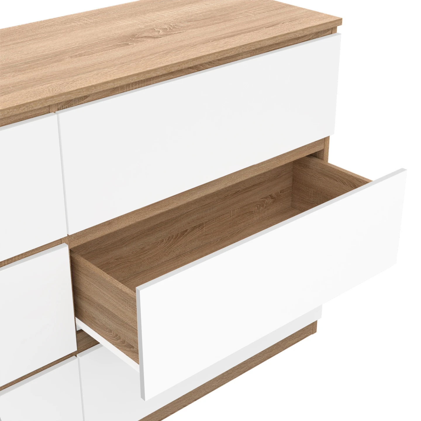 Commode 6 tiroirs TOMI XXL 140 cm bois façon hêtre et blanc