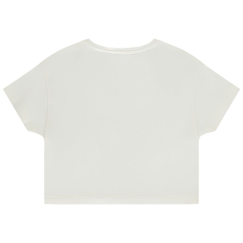 T-shirt manches courtes à nouer patchs bouclettes pour fille - Ecru