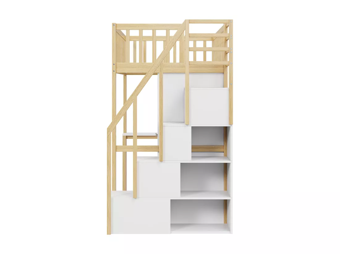 Lit mezzanine 90 x 200 cm avec grande armoire, bureau, bibliothèque, escalier et tiroirs, tout-en-un, Bois MDF, Blanc + chêne