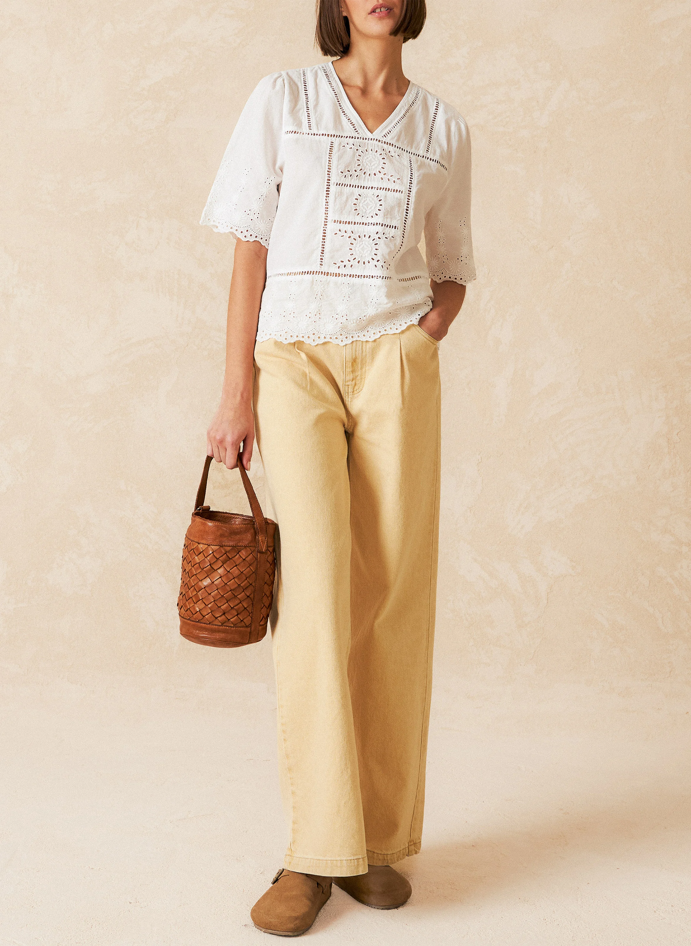 Top ample col V brodé en coton | Blanc