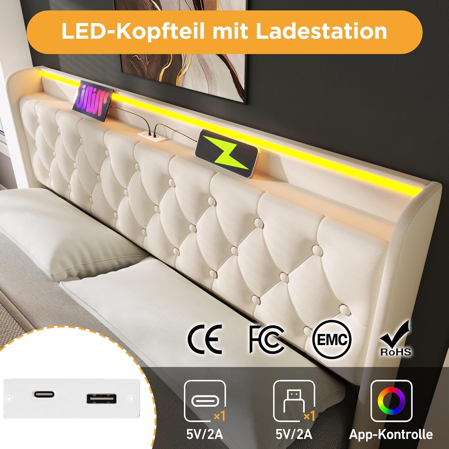Polsterbett Doppelbett 180x200, LED Jugendbett Hydraulisch Stauraumbett Funktionsbett Bettgestell mit Stauraum & Lattenrost, Kopfteil mit USB Typ-C Ladefunktion & Staufach, PU, Ohne Matratze, Weiß
