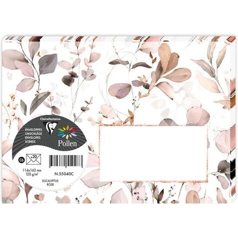 COLLECTION EUCALYPTUS, Paquet de 20 enveloppes imprimées Pollen 114x162mm 120g/m2 - Rose 3 - Rose