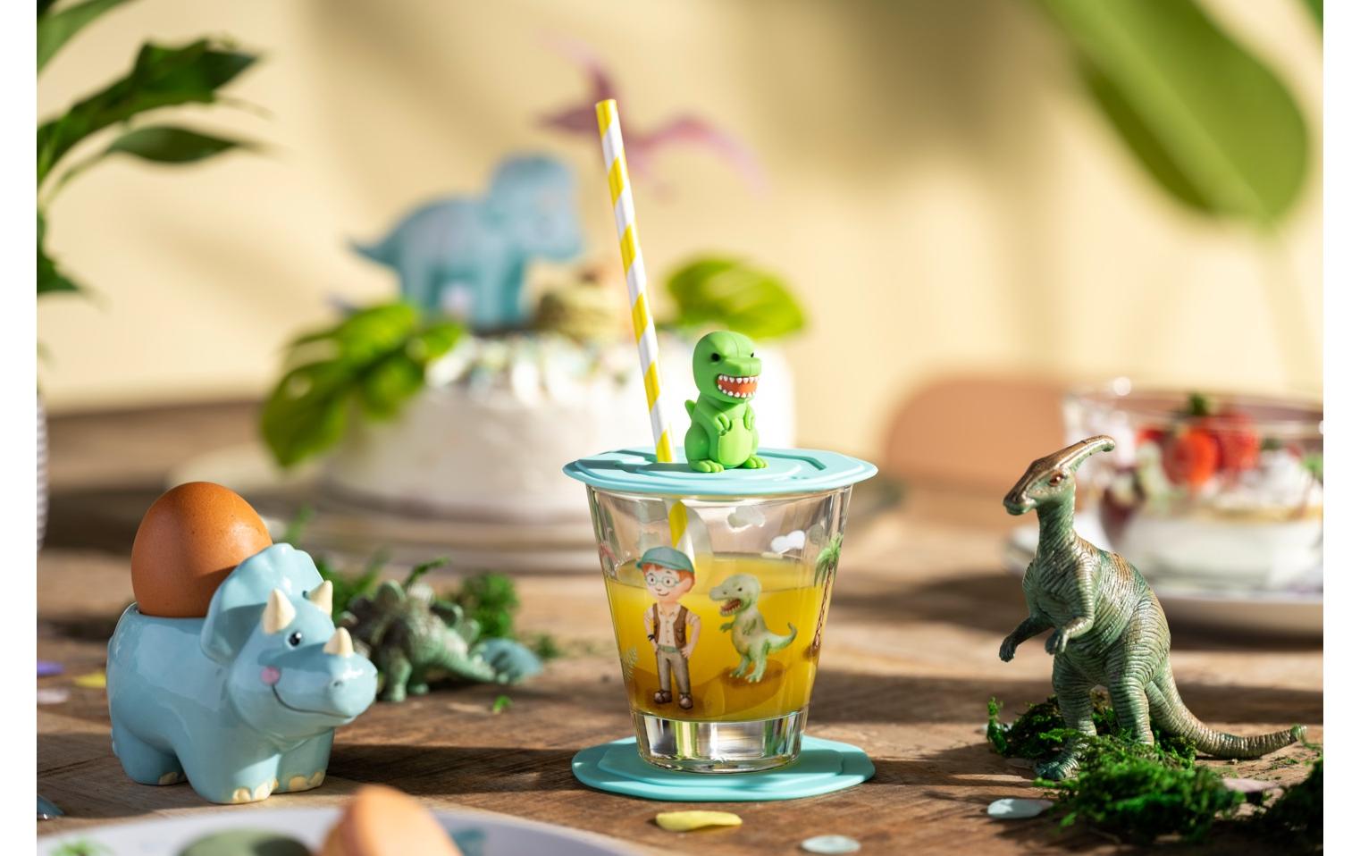 Kindertrinkglas Avventura 215 ml, 3-teilig, DinosaurierTrinkglas für Kinder mit Deckel und Untersetzer