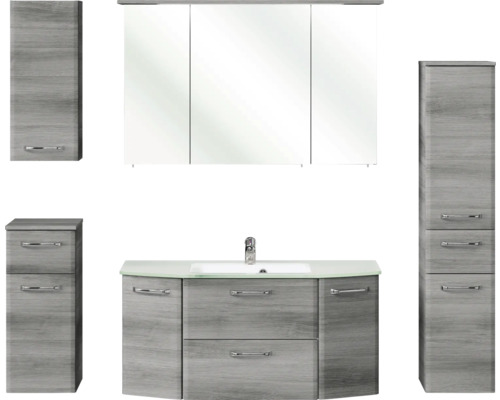 Pelipal Quickset 328 badkamermeubelset (B x H x D 175 x 200 x 39 cm), grafiet getextureerde fronten (horizontaal patroon), met witte glazen wastafel, hoge kast, onderkast en bovenkast (328.120009)