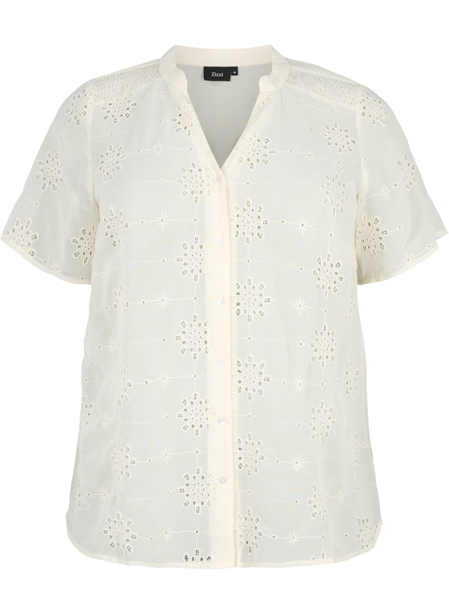 Kortærmet skjortebluse med broderi anglaise