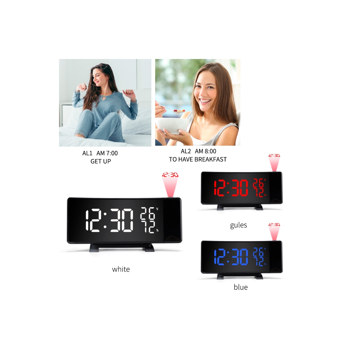 Multifunksjonell LED-projeksjon vekkerklokke / temperatur / fuktighet / snooze