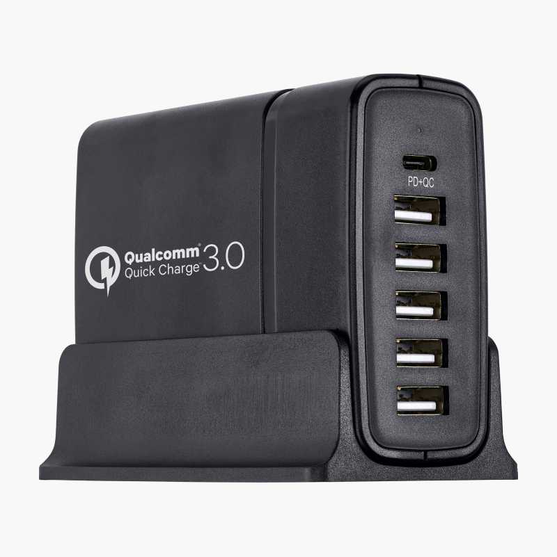 USB-ladestasjon med seks utganger, type A og C, PD og QC 3.0, 59 W