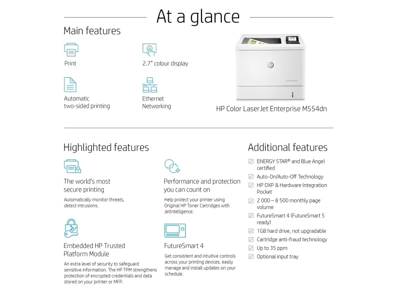HP LaserJet Enterprise M554dn - Printer - farve - Duplex - laser - A4/Legal - 1200 x 1200 dpi - op til 33 spm (mono) / op til 33 spm (farve) - kapacitet: 650 ark - USB 2.0, Gigabit LAN, USB 2.0 vært